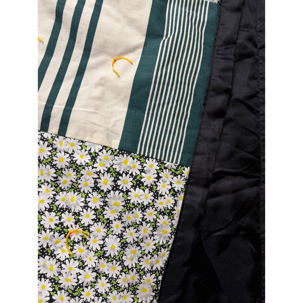 Handmade Patchwork Tied Quilt Floral Daisy Striped Cottagecore Black Green Cream - Picture 9 of 16